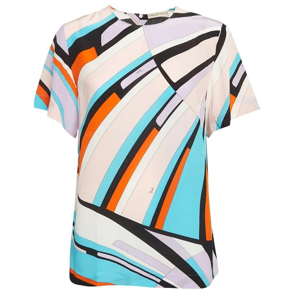EMILIO PUCCI Multicolor Silk Short Sleeve Top, Sz 44